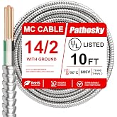 Pathosky 14/2 MC Cable 10 FT, Metal Clad Electrical Wire with Green Ground 14 Gauge THHN/THWN Solid Pure Copper Conductors, Interlock Alum Armor 600V 90&deg;C UL Listed Commercial Industrial Residential