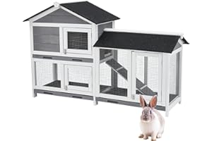 Garvee 58" Indoor Rabbit Hutch with 3 Leak-Proof Trays, Wooden Weather-Resistant Roof, 2-Level Bunny House and Chicken Coop f