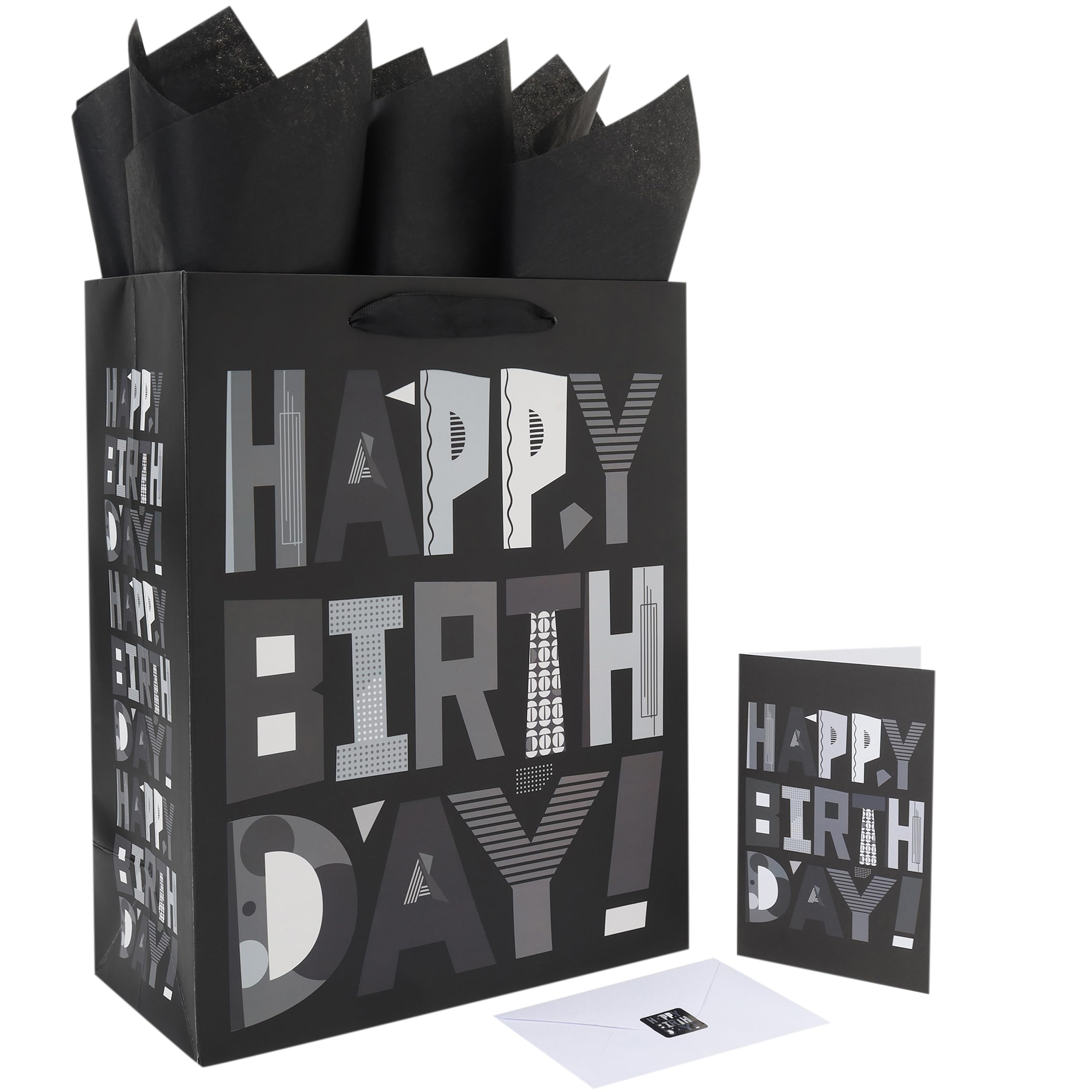 Photo 1 of 13” Large Black Happy Birthday Gift Bag Set with Handles, Greeting Card, Tissue Papers and Stickers for Men Boys Kids Teens, Cartoon Design, 1 Pcs