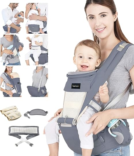 Azeekoom Draagzak Ergonomische Heupstoel Draagzak Met Bevestigingsriem Slabbetjes Schouderriem Hoofdkap Voor Pasgeboren Tot Peuter Van 0 36 Maanden Grijs Amazon Nl