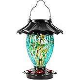 LUJII Solar Powered Color Changing Hummingbird Feeder for Outdoors Hanging, Hand Blown Glass Reservoir, 32 fl.oz, Never Leak, Illuminated Lantern for Garden Decor, for Bird Lover (Teal)