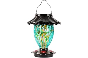 LUJII Solar Powered Color Changing Hummingbird Feeder for Outdoors Hanging, Hand Blown Glass Reservoir, 32 fl.oz, Never Leak, Illuminated Lantern for Garden Decor, for Bird Lover (Teal)
