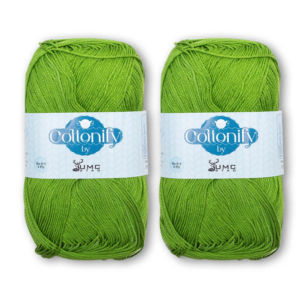 Cottonify DK Weight Pack of 2 100% Combed Cotton Mercerized Crochet and Knitting Yarn| 4Ply DK Medium Weight | Gassed & Mercerized Ne 6/4 Soft Yarn – 186 Yd 100 Grams per Ball (2, Bright Green 256)
