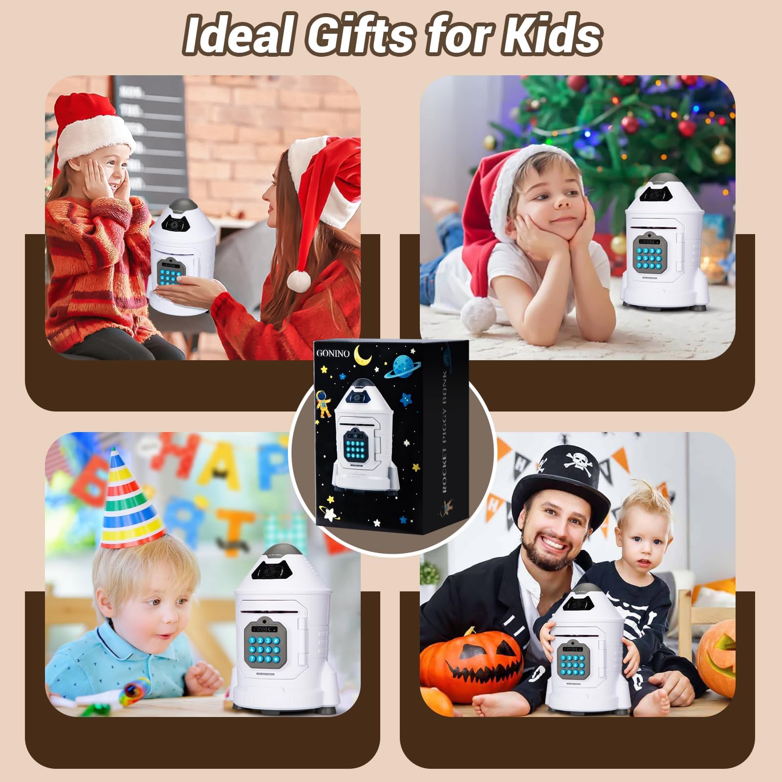 Kids Safe, Electronic Piggy Bank for Boys Girls, ATM Money Saving Box Toy 2024 with Password & Face ID Simulation, Christmas Birthday Gifts for 4 5 6 7 8 9 10 Year Old, Rocket Space Coin Cash Can