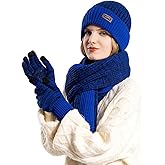 Wokuaile Womens Winter Warm Knit Beanie Hat Touchscreen Gloves Long Scarf Set Skull Cap Unisex Adult Royal Blue