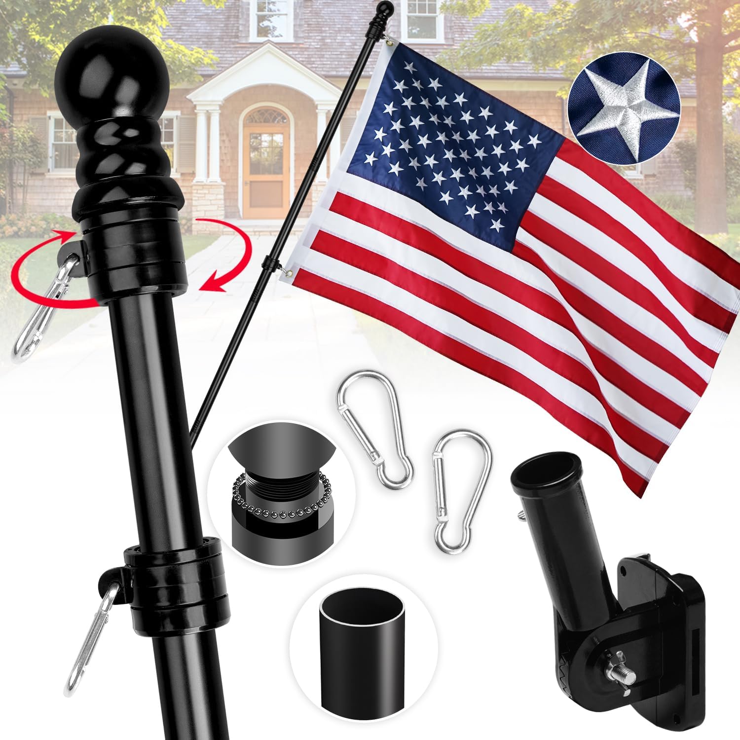 Flagpole Hardware - XIFAN Premium American Flag with Pole for House, Outside Flag Pole Kit, 6 FT Black Tangle Free Metal Flag Poles, 3x5 Embroidered US Flag, 180°Holder Bracket, Strong Stainless Steel for Porch, Boat