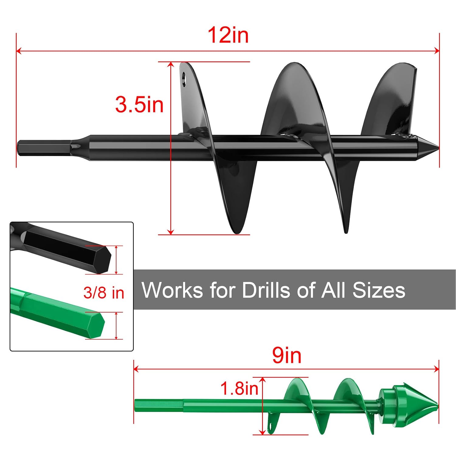CKE 2021 Upgraded Solid Auger Drill Bit 2 PCS Set 12 "x3.5" and 9"x1.8" with Garden Genie Gloves for Planting Hole Drill Planter Auger Spiral Hole Drill Bit Bulb Bedding Digging Post Hole Planting Tool for 3/8" Hex Drive Drill: Industrial & Scientific