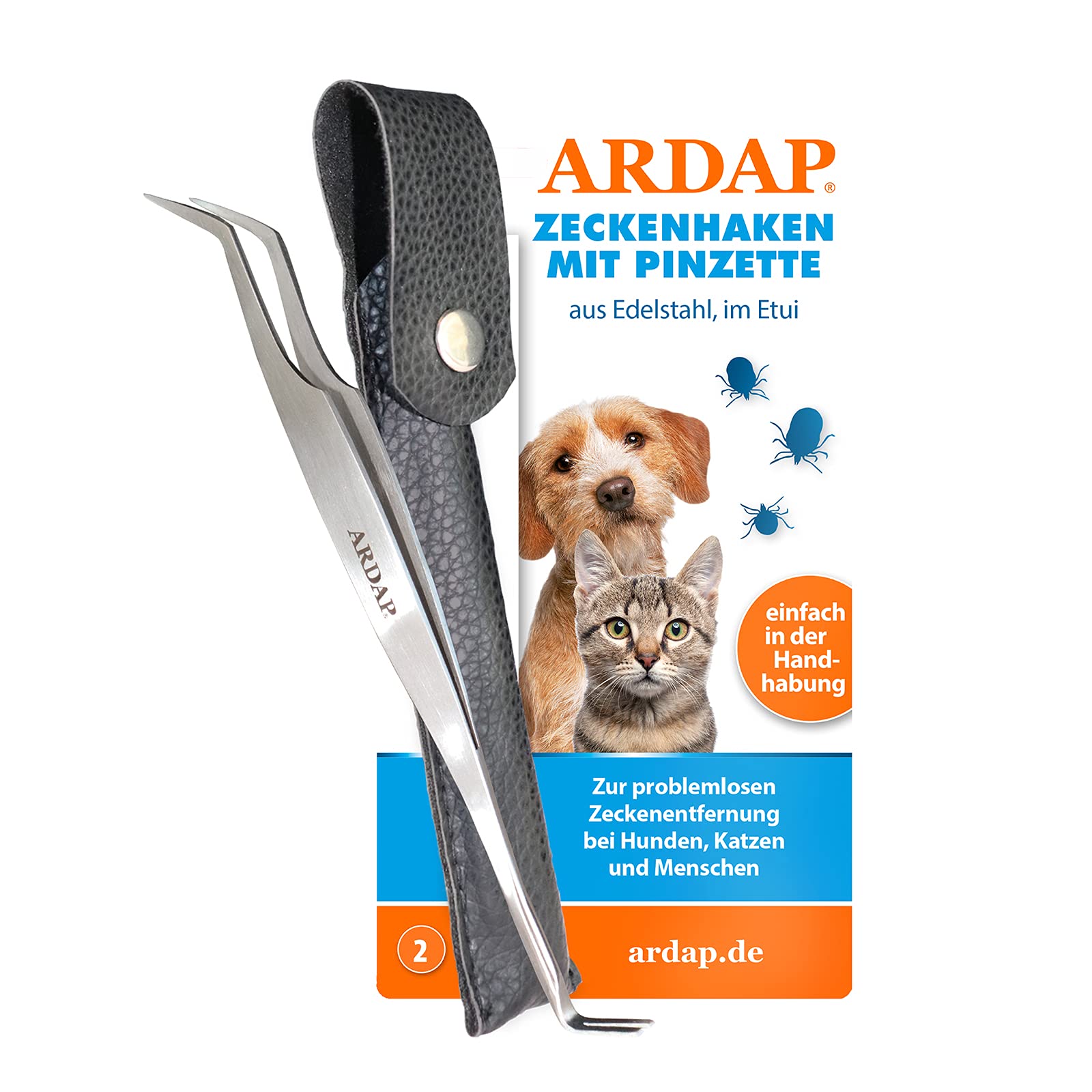 ARDAP Tick Pliers and Tick Hook - 2in1 Stainless Steel Tick Tweezers in Leather Case - Easy & Effective Tick Removal - Premium Tick Pliers for Dogs, Tick Pliers Cat & Tick Pliers Human