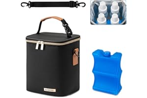 BABEYER Breast Milk Cooler Bag with Ice Pack Fits 4 Baby Bottles Up to 9 Ounce, Baby Bottle Bag with Shoulder Strap for Nursing Mom Daycare, Black