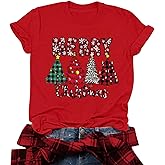 Christmas Shirts for Women Cute Xmas Tree Merry Graphic Tees Vintage Short Sleeve T-Shirt Casual Holiday Tops