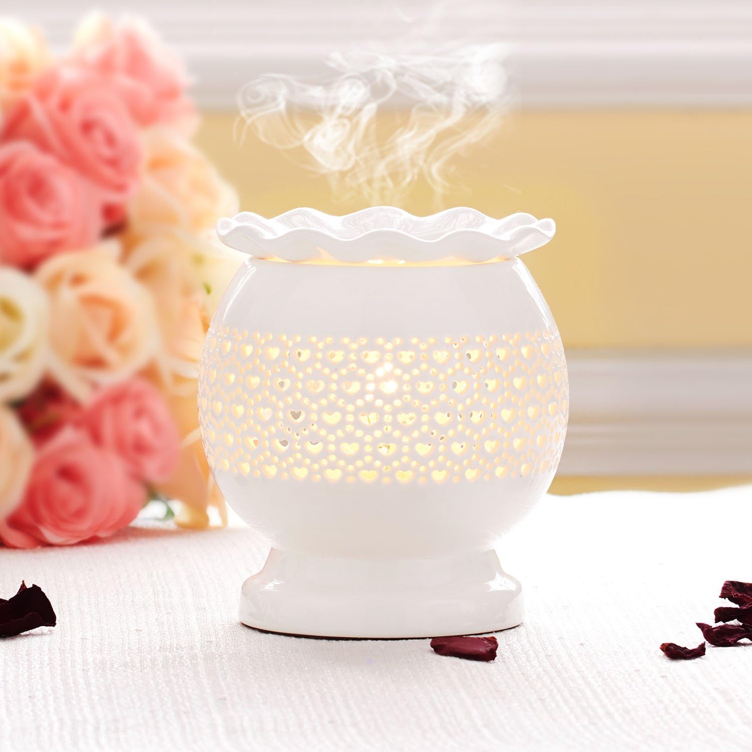 Wax Melt Warmer Candle Holder Essential Oil Aroma Diffuser Ceramic HILI Incense Burner Decorative Lamp Long Wire Control Heart Design For Fragrance Aromatherapy Home Office Bedroom Gift White
