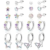 LOFITOR 10 Pairs Hypoallergenic Screw Back Earrings For Women Girls Surgical Steel Small Huggie Hoop Earrings Cute CZ Star Butterfly Dangle Hoop Earrings Screwback Stud Earrings Set For Sensitive Ears