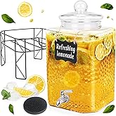 FULJOOY 4.6 Gallon Glass Beverage Dispenser with Stand Beverage Dispensers with Ice Cylinder Steel Spigot Hanging Chalkboard Signs Drip Trays Drink Juice Dispenser with Lids for Party Wedding Kitchen