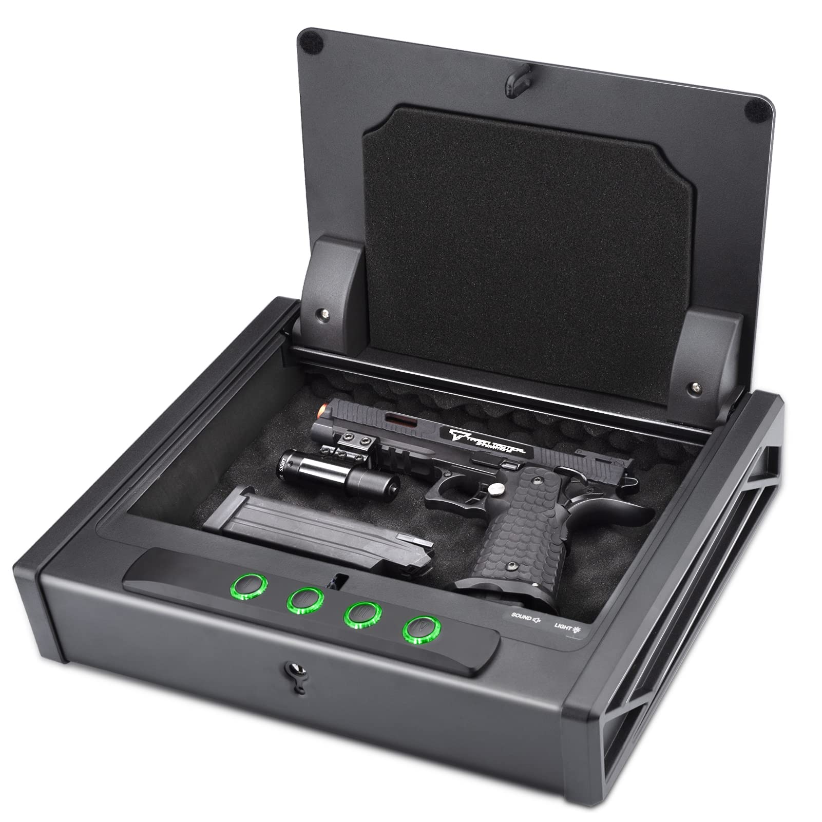 Photo 1 of SOULYI Digital Gun Safe for 3 Pistols Safe DOJ Certified with 3 Quick Access Handgun Safe, Keypad Matt Black Bedside Firearm Safety Car Safe Hardened Steel Lock Box