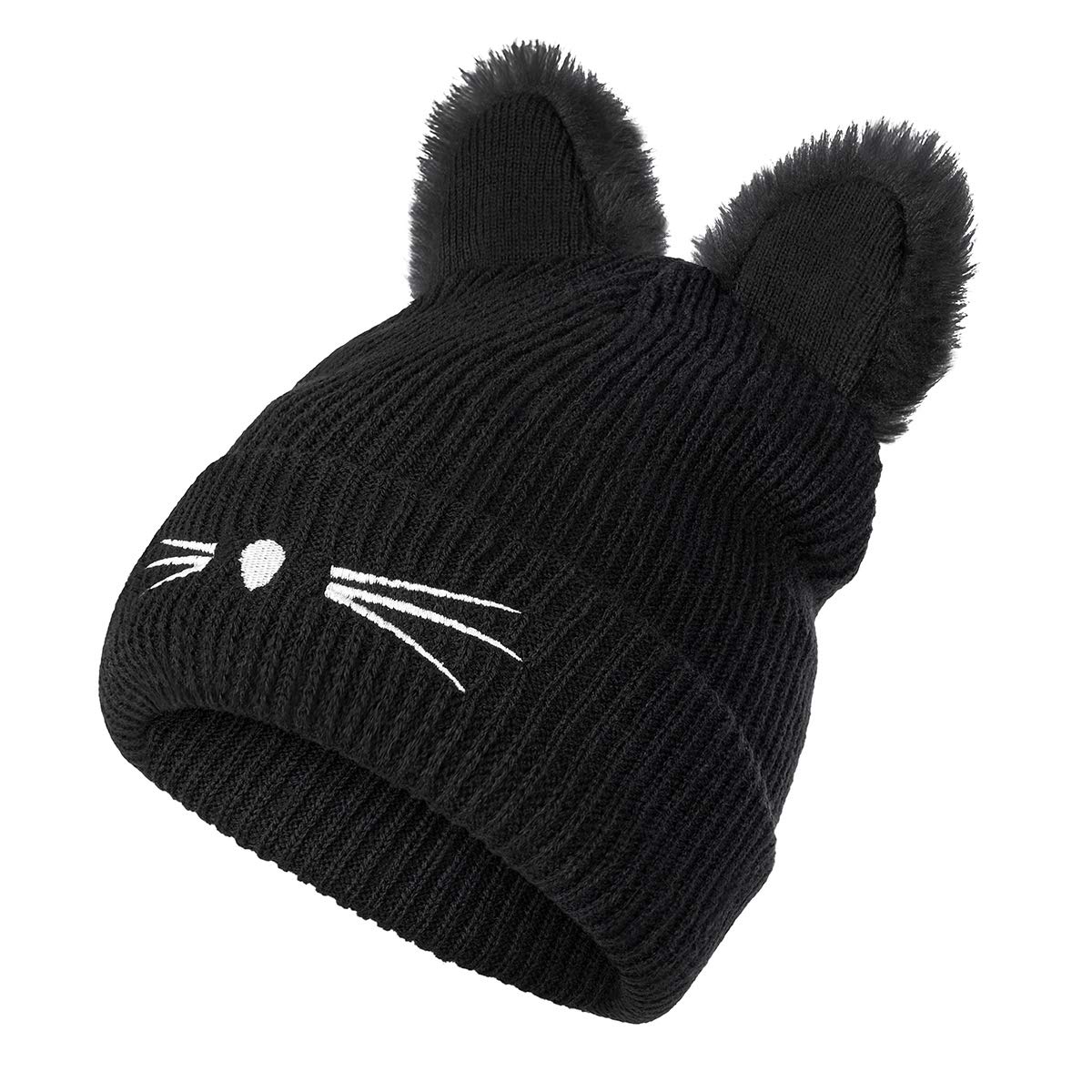 Flowomen Winter Hats for Women Cute Cat Ear Hat with Embroidered Warm Knit Crochet Women\'s Slouchy Beanie Hat Ski Cap (Black)
