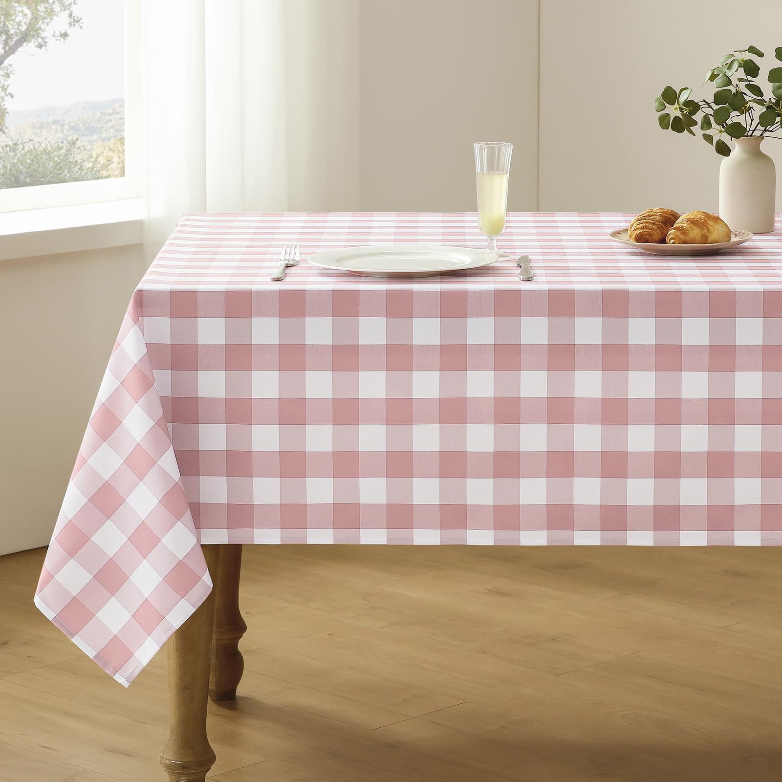 Photo 1 of Veblandy Checkered Tablecloth Rectangle Waterproof Gingham Table Cloth Washable Buffalo Plaid Table Cover Wrinkle Free for Kitchen, Dining and Outdoor Picnic, 60 x 84 Inch, Pink and White