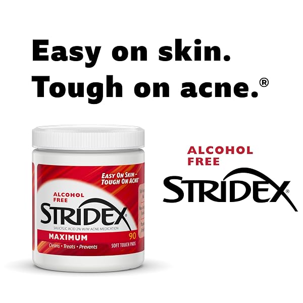 STRIDEX MEDICATED ACNE PADS, MAXIMUM, 90 COUNT, PACK OF 3 – FACIAL CLEANSING WIPES, ALCOHOL-FREE FACE PADS, ACNE TREATMENT FOR FACE, FOR MODERATE ACNE, SMOOTH APPLICATION