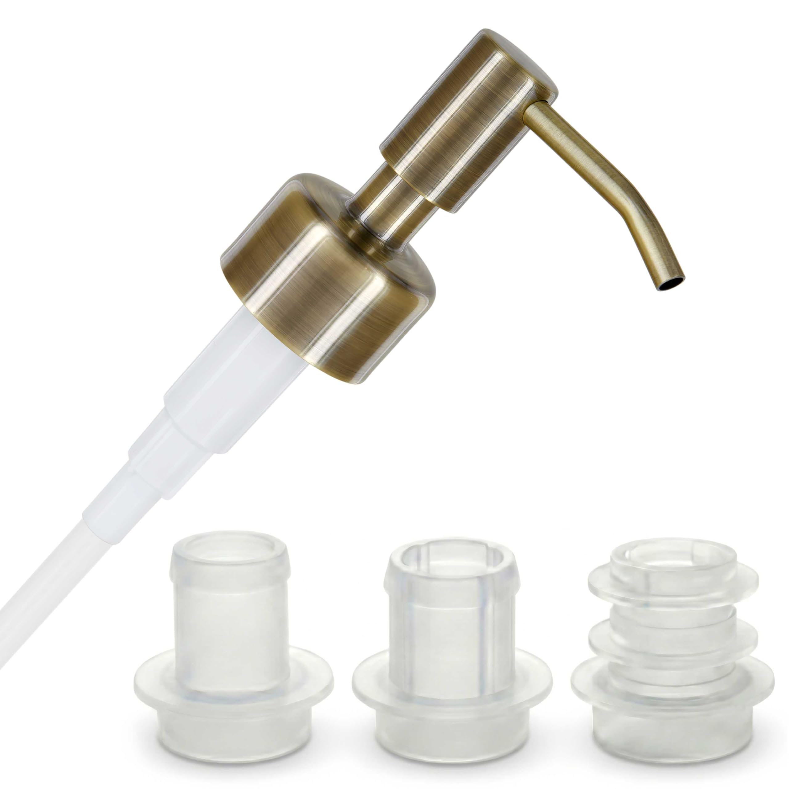 ALTGLAS Upcycling Soap Dispenser Pump Head 'Budapest' with 3 Silicone Stoppers Fitting Ring Set for All Bottle Openings With Diameter 18-23mm (Vintage Brass)