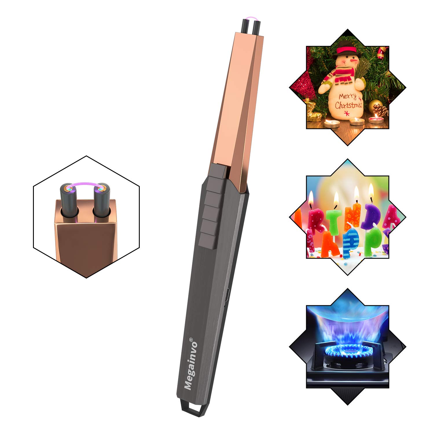 Megainvo Candle Lighter, Electric Arc Lighter USB Rechargeable Flameless Windproof Plasma Long Lighter for Kitchen, Gas Stoves, Candle, BBQ, Fireworks, Camping