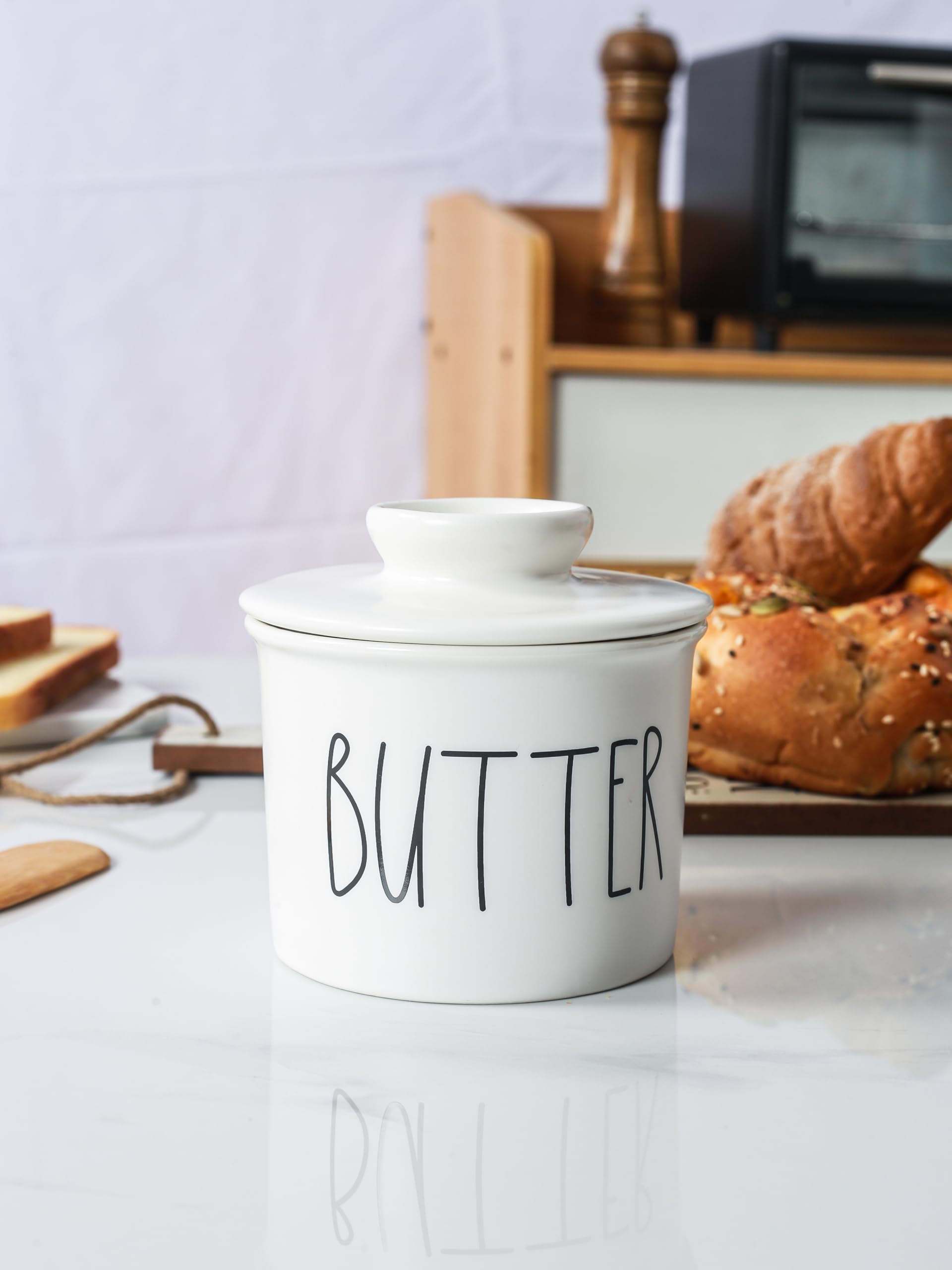 Farmhouse Butter Crock for Countertop，French Butter Keeper to Leave on Counter with Water Line,Butter Holder Dish for Fresh Spreadable Butter，3pcs Set,Ceramic,White
