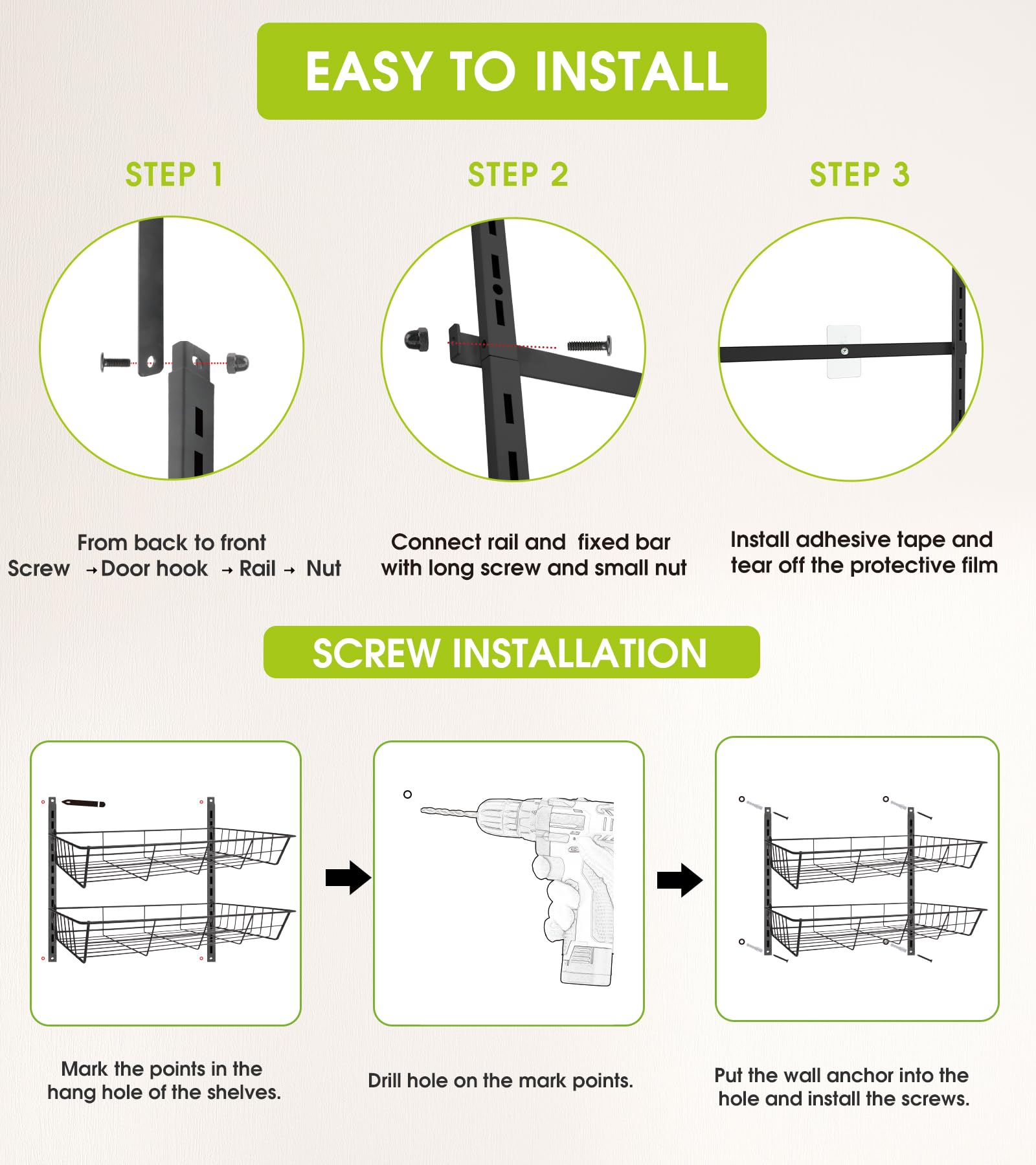 Over The Door Pantry Organizer, Pantry Storage and Organization, 6-Tier Adjustable Hanging Baskets, Metal Wall Mount Spice Rack Seasoning Shelves for Home & Kitchen, Laundry Bathroom - Black