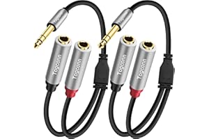 Togconn 2-Pack 1/4 inch TRS Stereo Splitter Y Adapter, 6.35mm Stereo Male to Dual 6.35 mm TS Mono Female Jack, Quarter inch Audio Speaker Splitter Converter Cable 1 Feet, Gold Plated Connectors