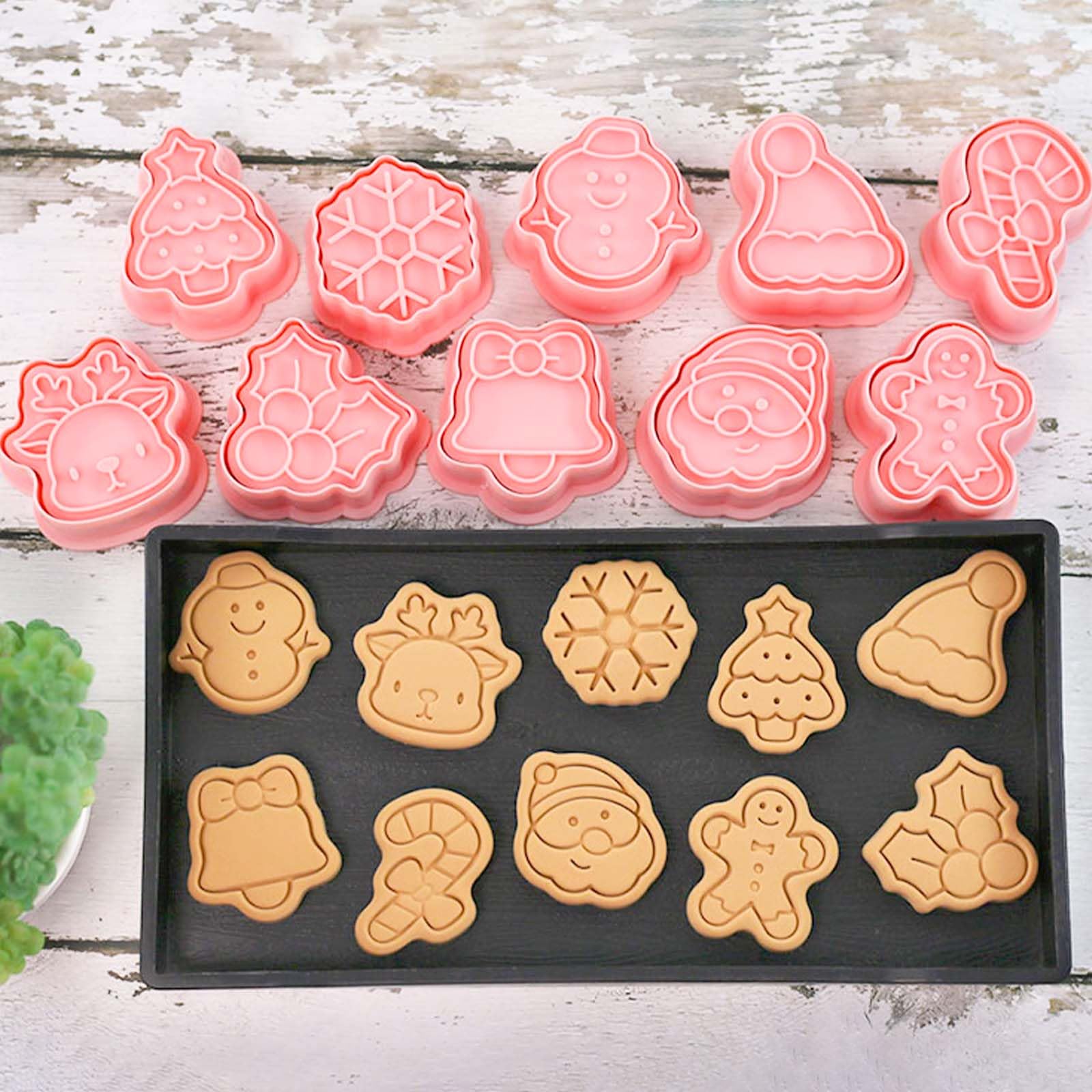 Photo 1 of 10 Piece Mini Christmas Cookie Cutters, 3d Raised Design Cookie Stamps, Mini Gingerbread, Snowflake, Snowman, Candy Baking Molds, Christmas Ornament Cookie Cutter Set