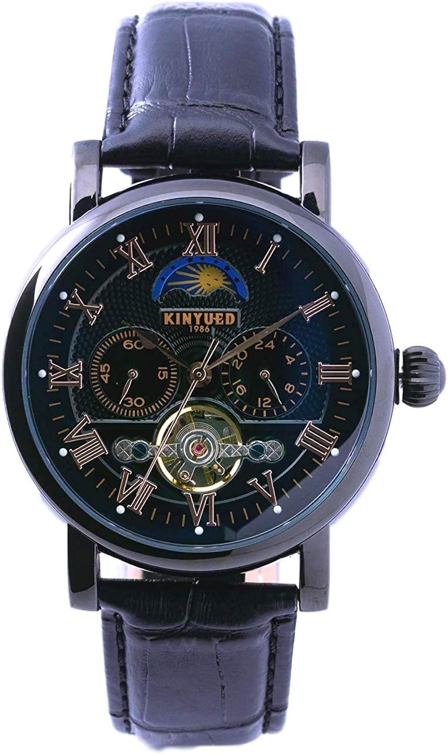 Amazon Sunnybran 自動巻き 腕時計 メンズ 機械式 ビジネス サン ムーン スケルトン 革 レザー バンド ベルト ブラック メンズ腕時計 腕時計 通販