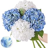 Nubry 4Pcs Hydrangea Artificial Flowers, 22.5In Latex Faux Real Touch Large Hydrangea Flowers with Long Stems & Leaves for Home Office Decor Wedding Party Arrangements(White&Blue)