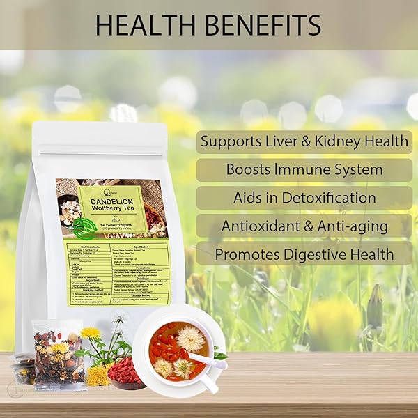 TSONEOO DANDELION WOLFBERRY TEA BAGS NATURAL KIDNEY & LIVER HEALTH TEA WITH DANDELION, CHRYSANTHEMUM, WOLFBERRY, CASSIA SEED, LICORICE, ORANGE PEEL, AND GARDENIA 120G ORGANIC (1PCS)