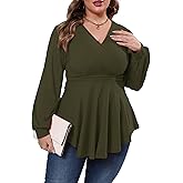 Gocolloa Plus Size Tops for Women Lace Long Sleeve Fall Shirts Casual Dressy Wrap V Neck Pleated Tunic Top