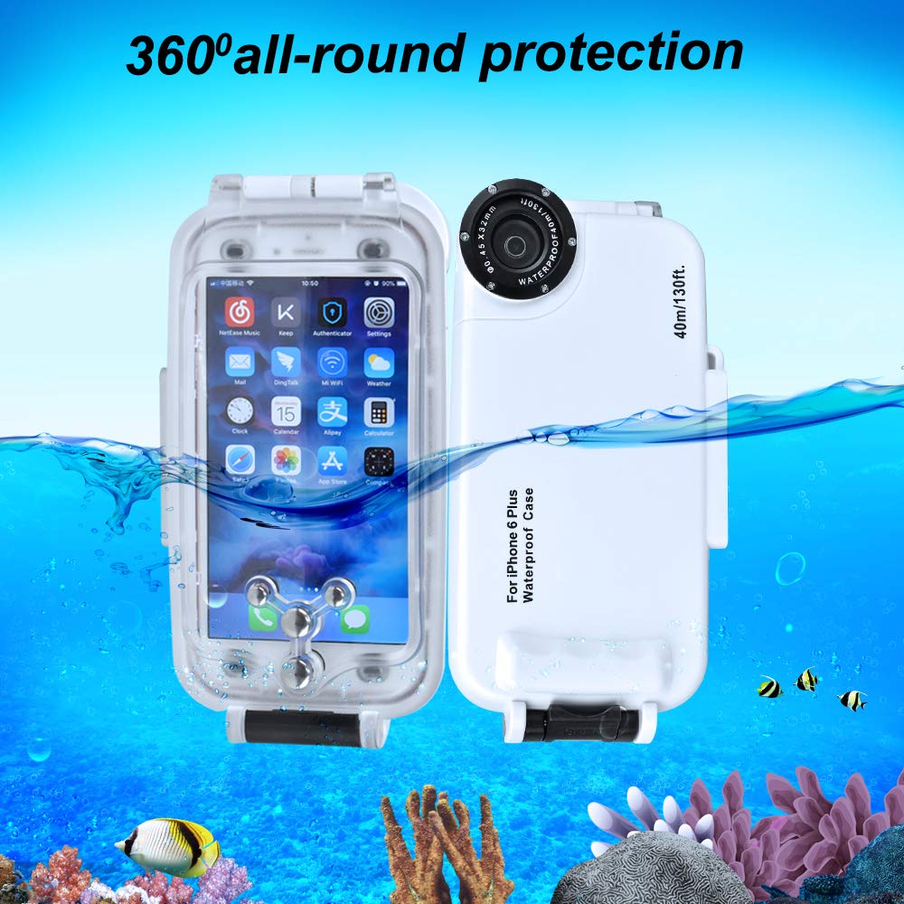 7plus Iphone Plus 6s 6s 40m B076wq8dxm 白 Mの認定が使える防水水中水泳ダイビングサーフシュノーケルセット ワイドドームポートレンズ ブルートゥース制御 195ft Iphone 白 60 6plus 6s 6s Plus 40m Iphone ブラック 防水ケース 8plus 水中撮影器材 本物の Deuber De