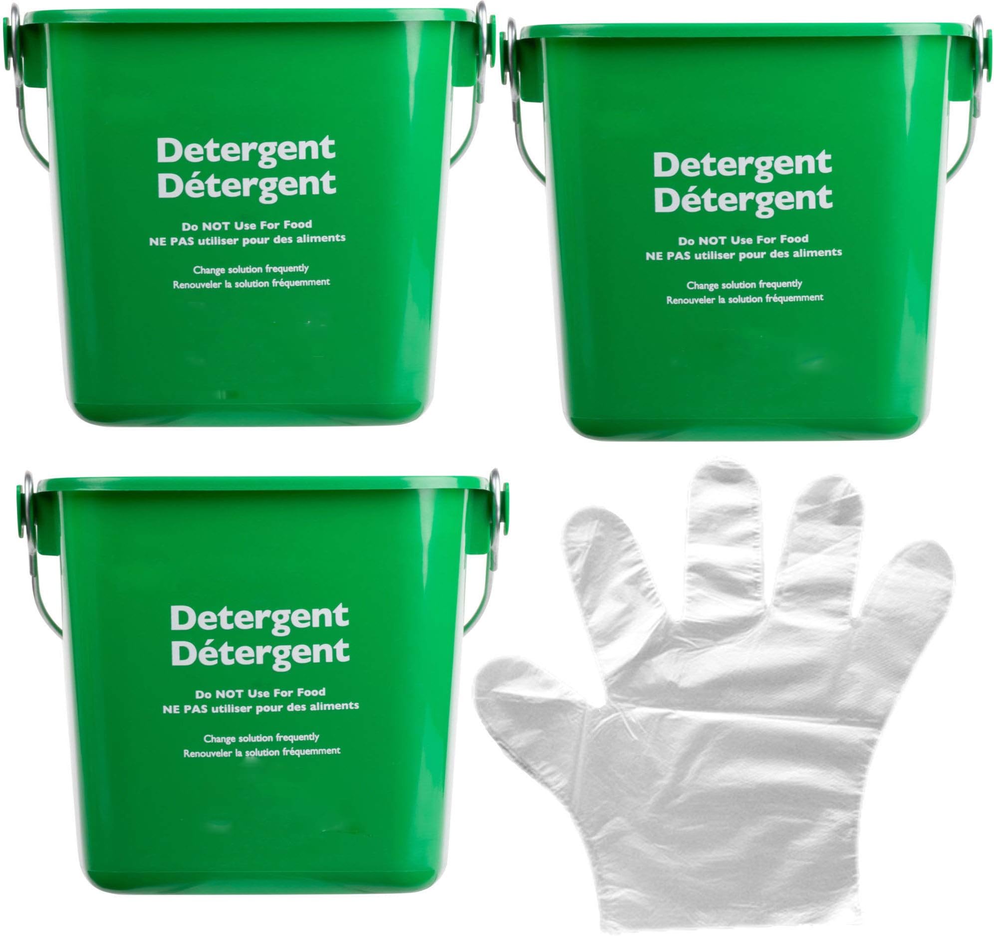 Set of 3 Square Containers with 100 Gloves - 3 Quart Cleaning Pail - Small Green Sanitizing Bucket