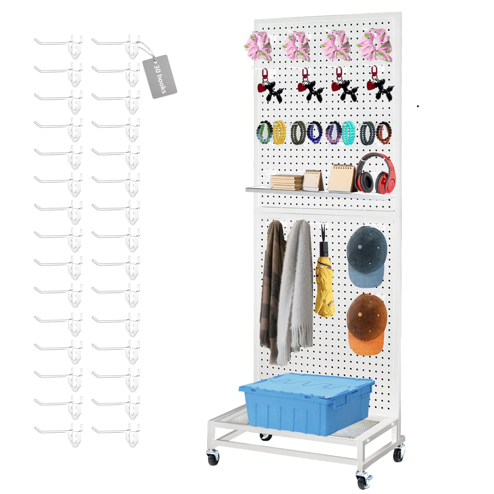 Photo 1 of * MISSING BASIN AT BASE * NectaCol Metal Pegboard Display Stand with Base Plate, Two Separately Pegboard Panels, 2'x 5' Standing Pegboard Display with four Wheels, Peg Board Display Rack, Extra 30 pieces Hooks (White)