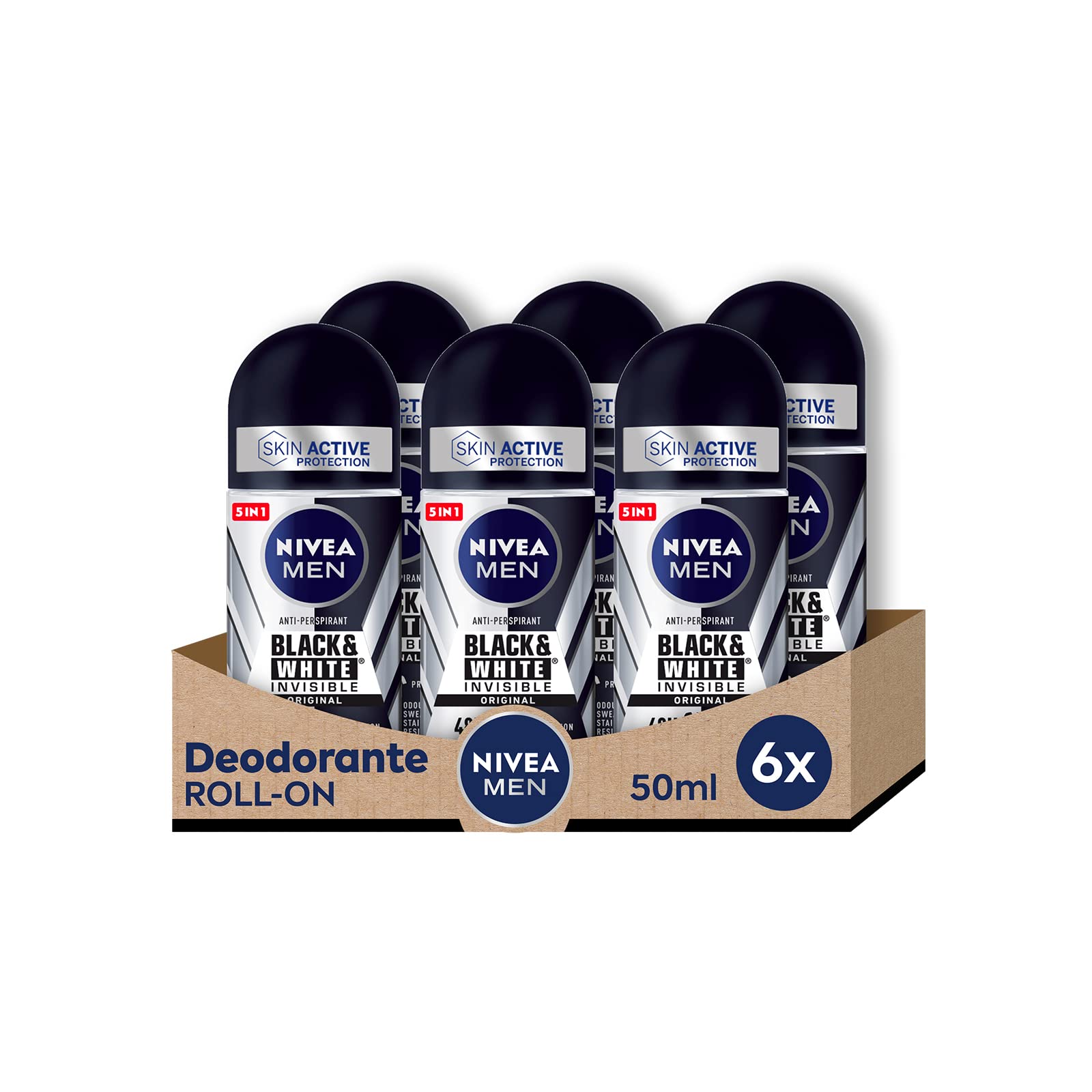 NIVEA Men Black & White Invisible Original Roll-on 6 x 50 ml, Men's Deodorant 72h, Anti-Perspirant Roll On Deodorant Against Odours, Sweat, Residues, Irritations and Stains on Light and Dark Fabrics