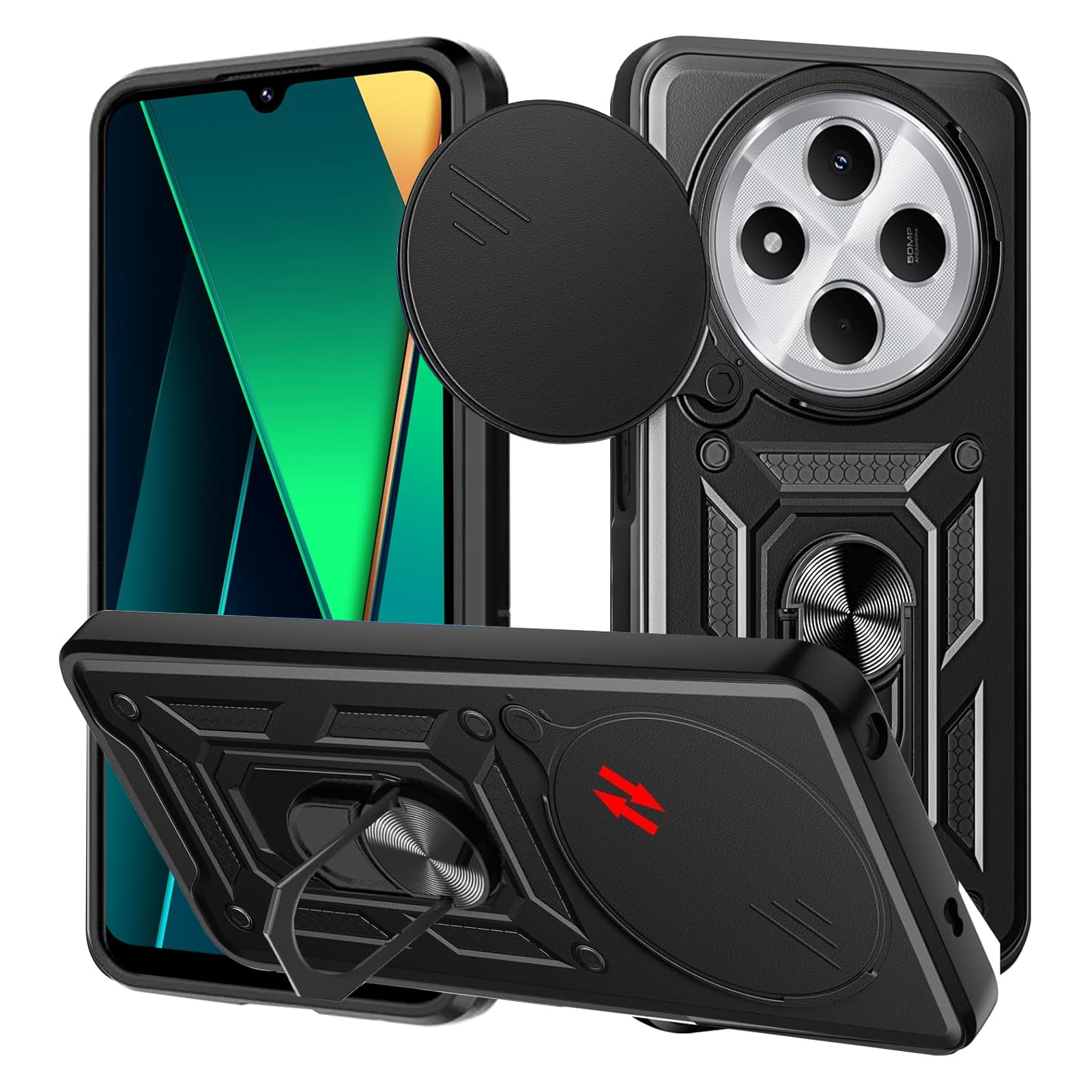 KZIOACSH Case for POCO M7 5G/Redmi 14C 4G/A4 5G/Poco C75 4G/5G, [360 Rotaring Kickstand][Slide Camera Cover] Hybrid Soft TPU Frame+ Hard PC Military Anti-Scratch Shockproof Bumper Phone Cover,Black