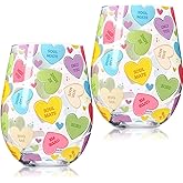 Sliner 2 Pack 17oz Valentine's Day Stemless Wine Glasses Gift for Women Colorful Conversation Heart Drinking Glass for Valentine's Day Party Supplies Birthday Theme Events Gift