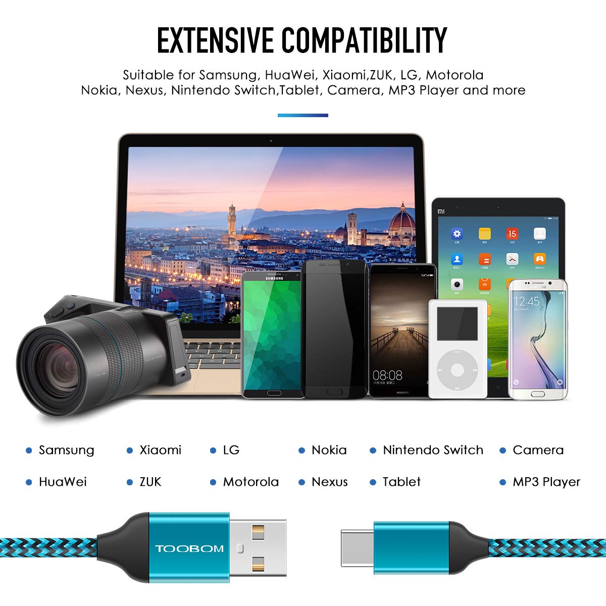 USB Type C Cable 3.0,TOOBOM 3PACK 6FT Charging Cable Compatible Samsung Galaxy S9 S8,Pixel,LG V30, ZTE Axon,Switch,and More Type C Port Devices