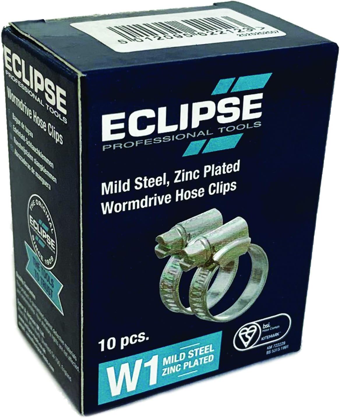 Eclipse Professional Tools ECW1-OO W1 Box of 10 13-20mm (½" - ¾") Mild Steel Worm Gear Hose Clamps, Silver, 240-280mm (9 ⅞" - 11")