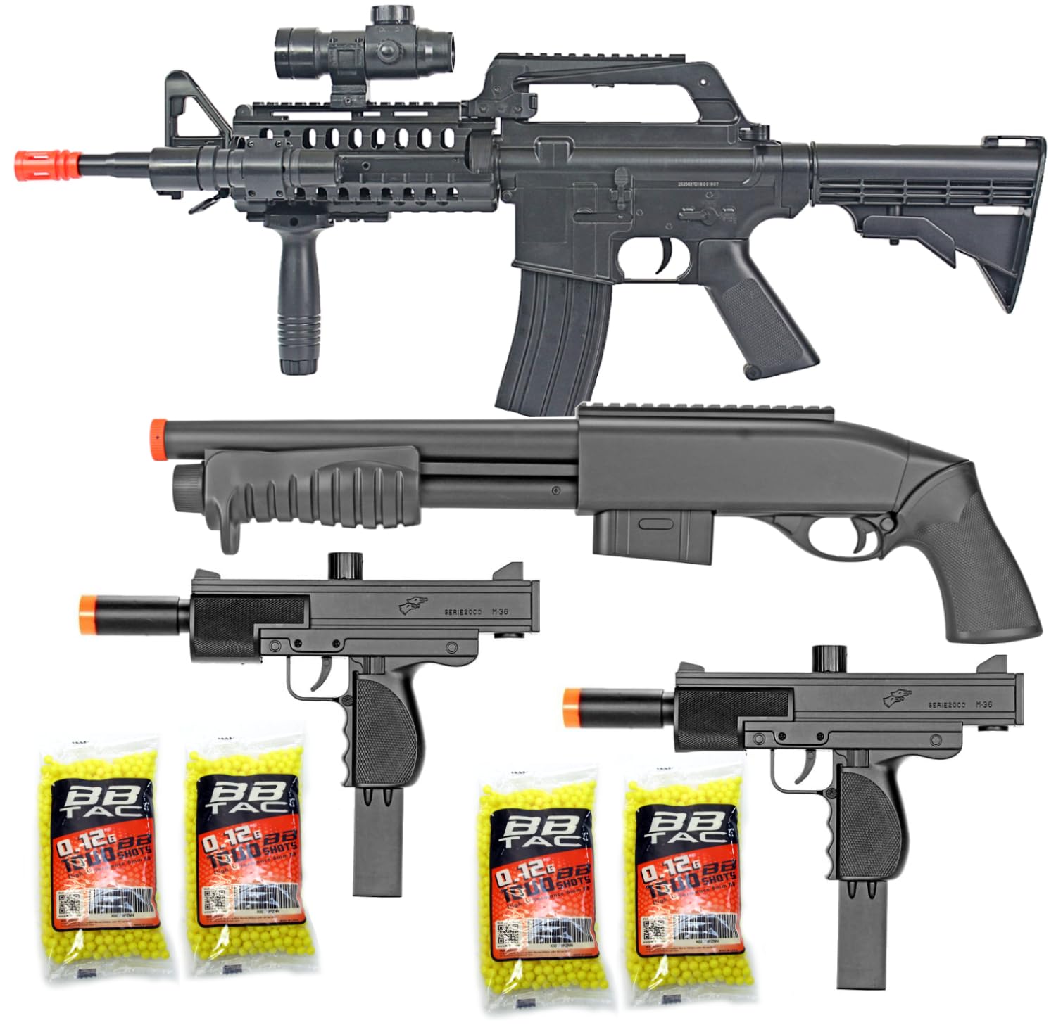 BBTac Paquete de pistola Airsoft - El operador - Colección de 4 pistolas Airsoft - Potente rifle de resorte, escopeta, dos SMG, 4000 BB Pellets, ideal para el juego de inicio