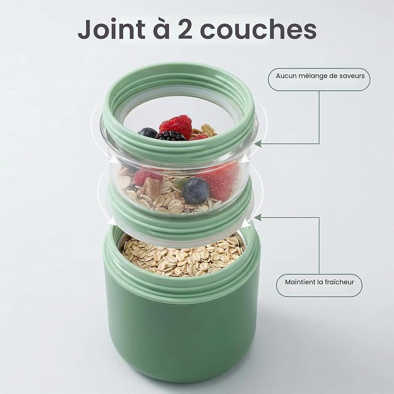 Bol Muesli a Emporter, Pot Yaourt Avec 2 Compartiment,Sûr et Pratique(Vert)
