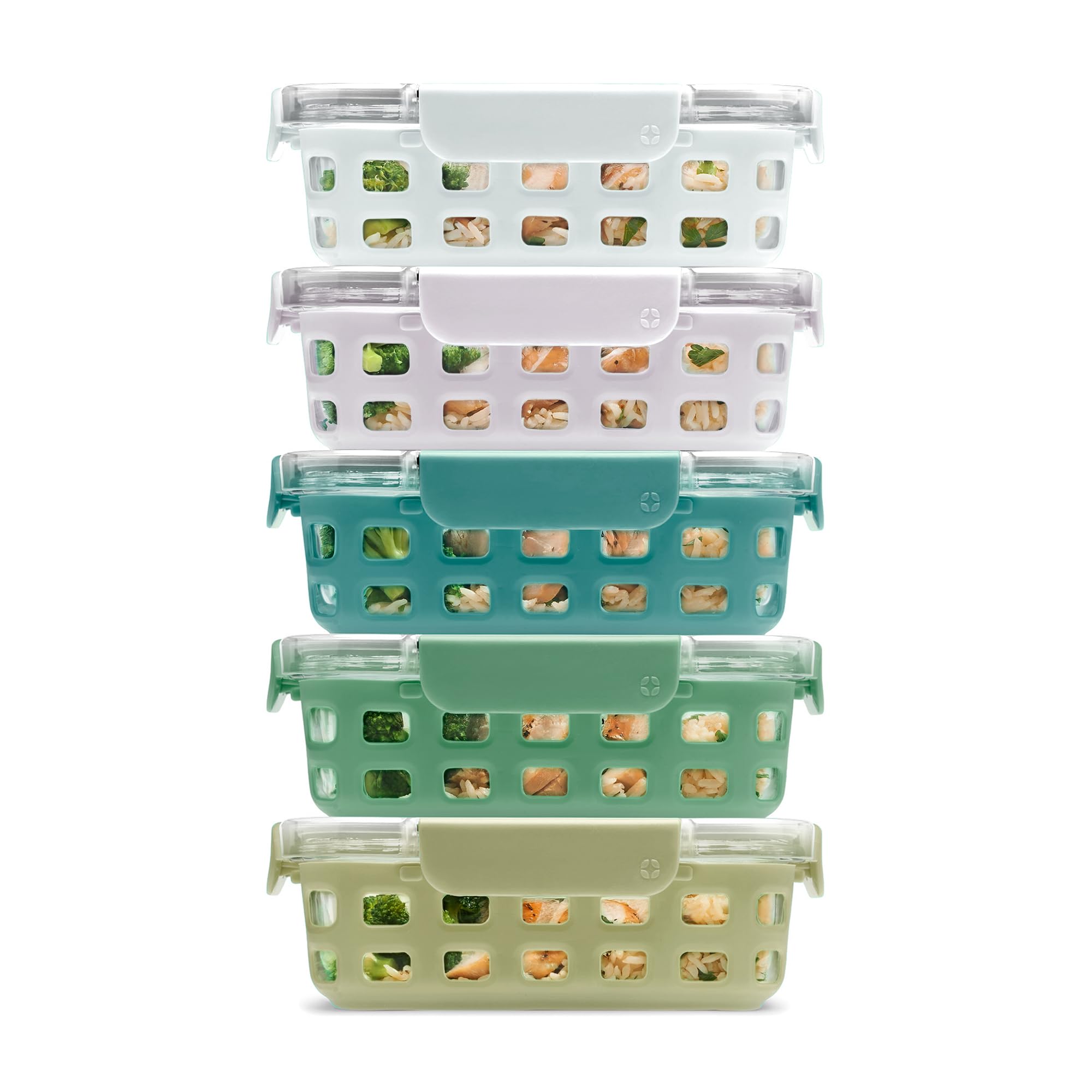 Ello Duraglass 3.4 Cup Meal Prep Sets 10Pc, 5 Pack Set- Glass Food Storage Container with Silicone Sleeve and Airtight BPA-Free Plastic Lids, Dishwasher, Microwave, and Freezer Safe, Olive Tree Image