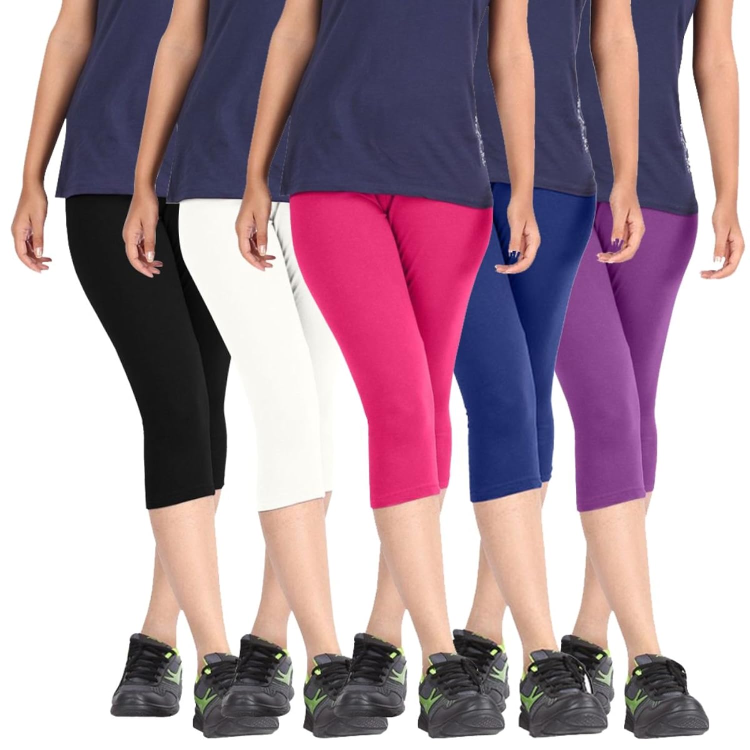 rooliums &reg; (brand factory outlet) womens super fine cotton capri combo pack of 5, 4 way, 190 gsm - free size