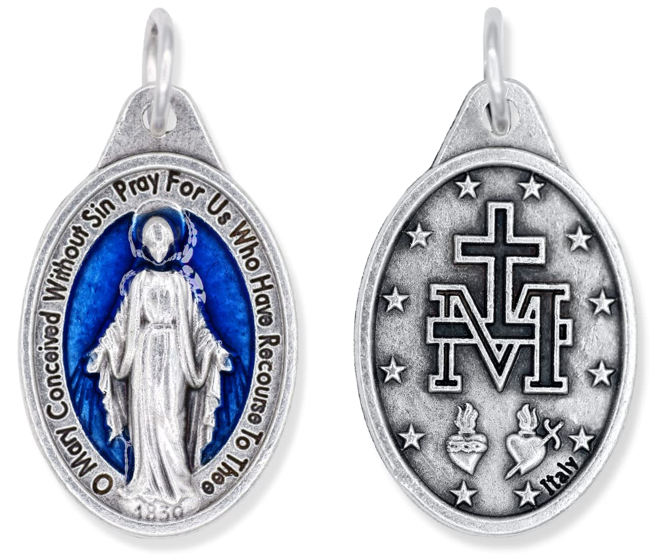 Photo 1 of Caritas et Fides Bulk Pack of 10 - Miraculous Medal Pendant - 1" Silver Oxidized with Blue Enamel Accent Miraculous Medals Pendant for Necklace, Medals for Jewelry Catholic, Made in Italy
