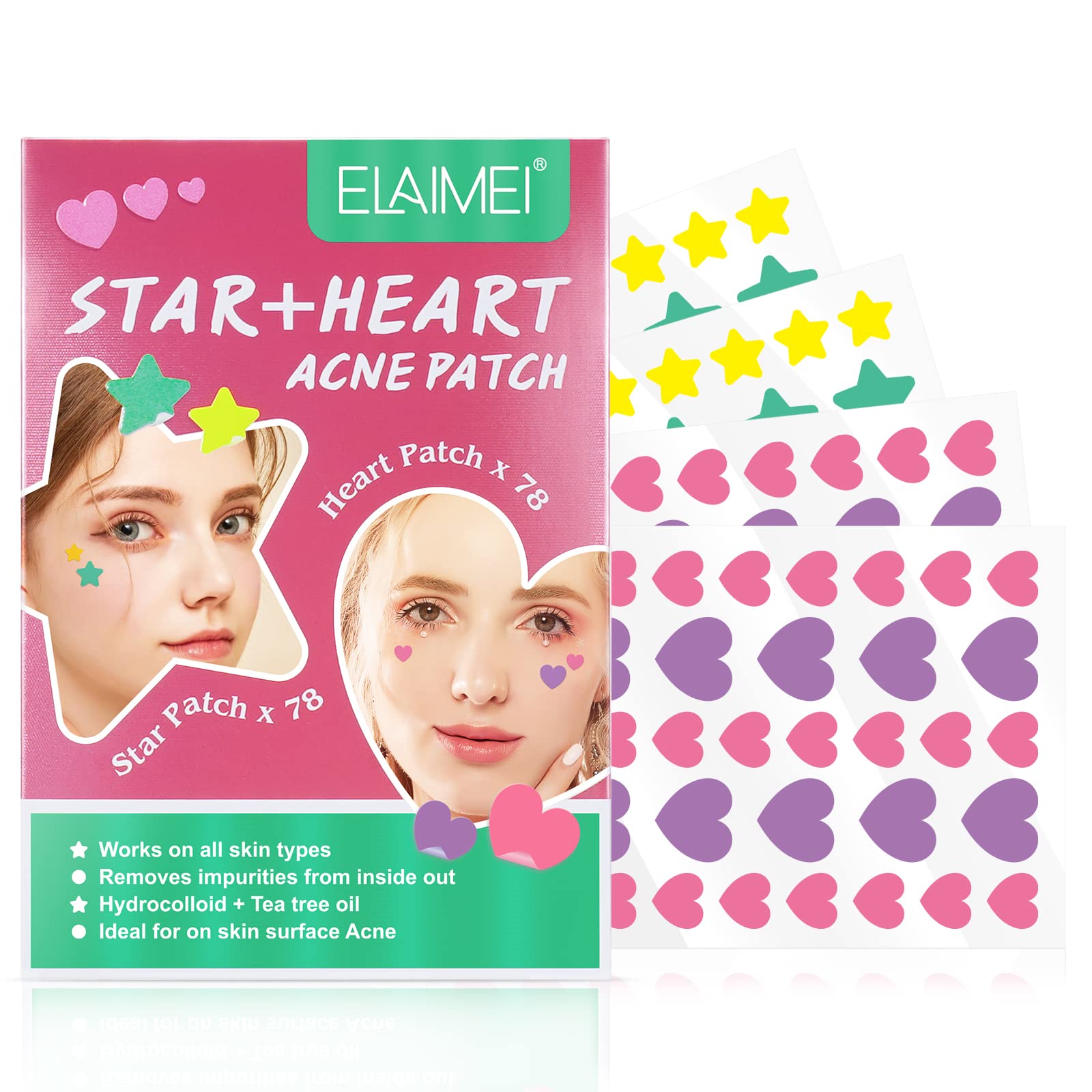 Bieyoc Pimple Patches 156PCS Star Patches& Heart Patches Hydrocolloid Spot Patches, Fast Acne Patch Healing and Acne Scars Treatment (STAR+HEART), pink, 1.0 count