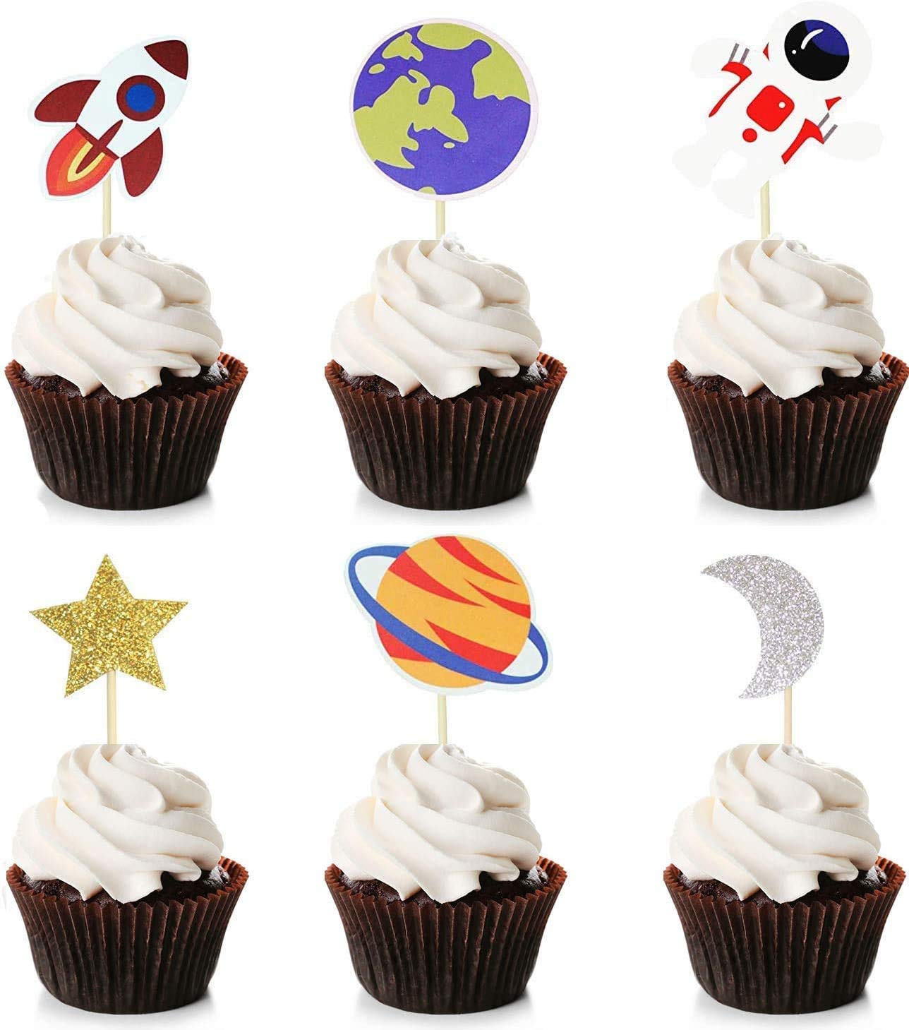 Unimall Global 36 Pack Space Cupcake Toppers Planet Party Supplies Birthday Decorations Rocket Astronaut Cupcake Decoration Space Theme Party Birthday Party Baby Shower
