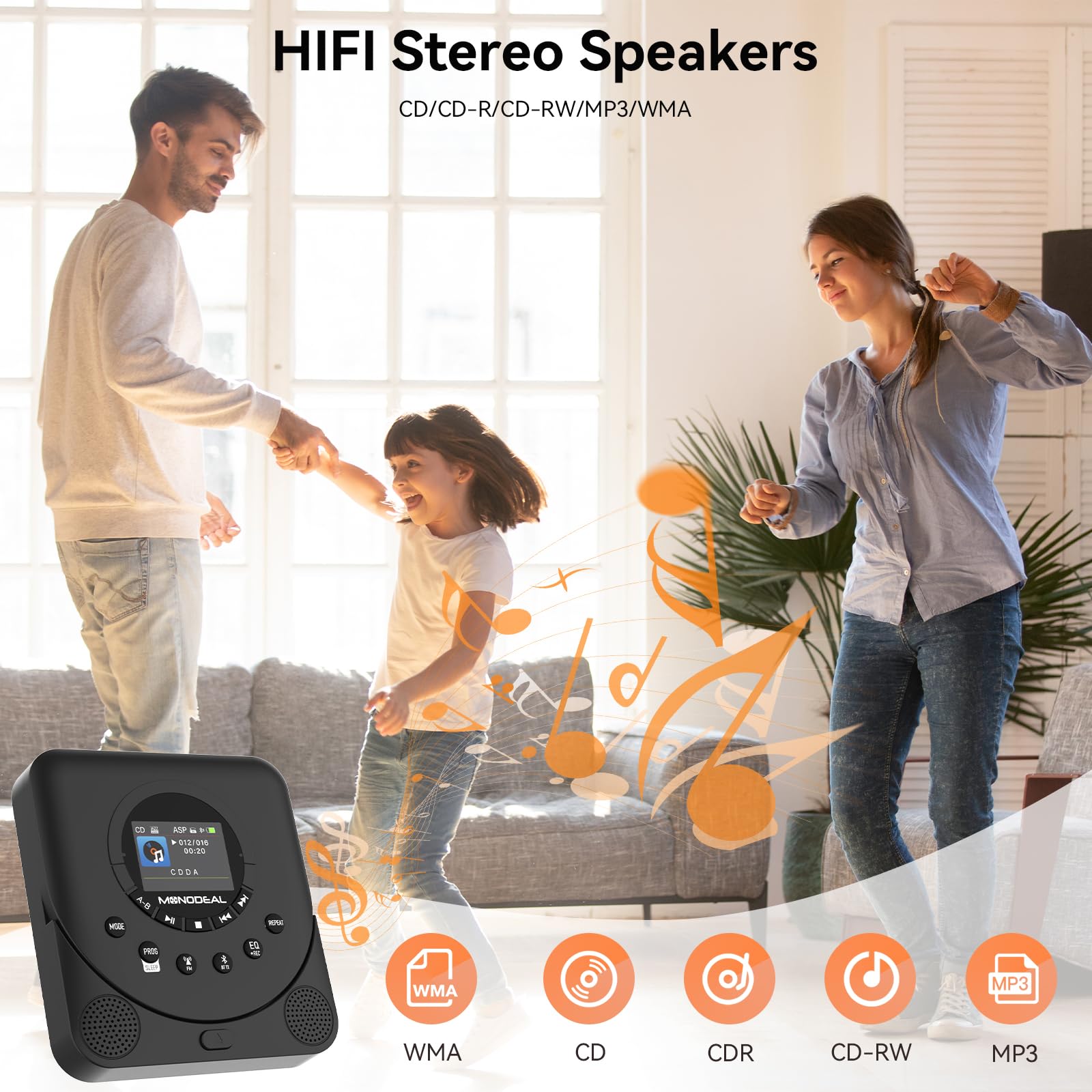 CD Player Portable, MONODEAL Dual Stereo with CD Player with Speakers, Rechargeable Discman Player for car, Support TF Card, FM Receiver and Transmitter with Sleep Timer, Colorful TFT Screen