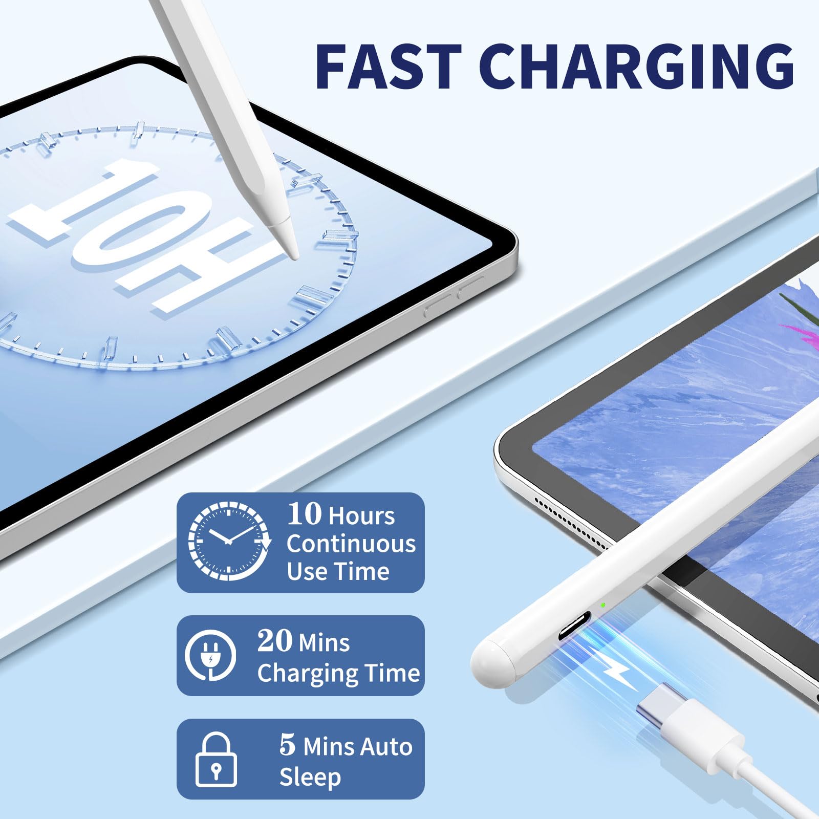 iPad Apple Pencil 9th&10th Generation, Fast Charge Stylus Pen for Palm Rejection and Tilt Sensitivity, Compatible with iPad Pro 11/12.9in, Mini 5/6, iPad 6/7/8/9/10, Air 3/4/5 (White)