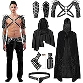 PLULON 9Pcs Medieval Knight Costume, Men Renaissance Viking Costume Set Men Hooded Cloak Retro Shawl PU Leather Belt Shoulder