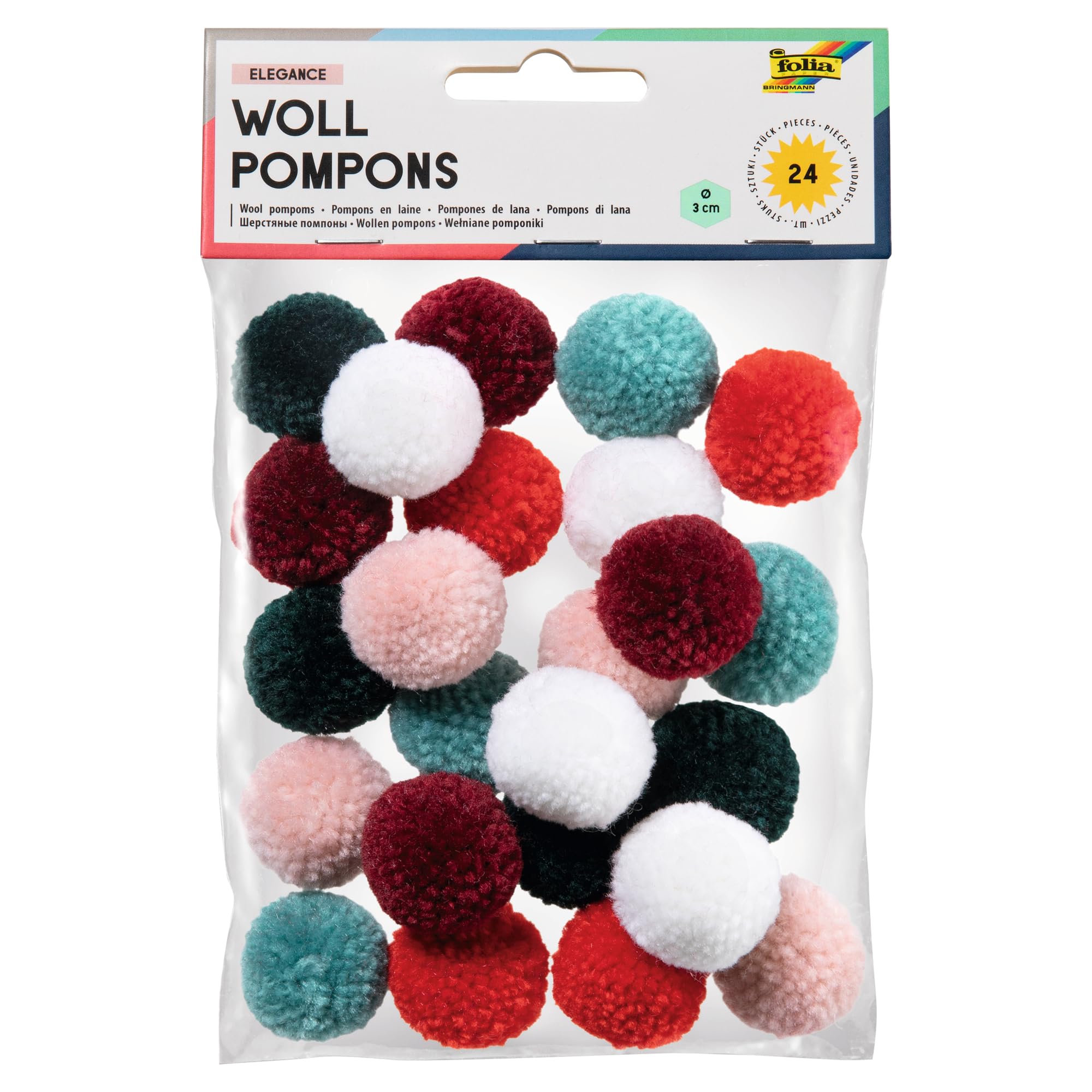 folia Elegance 50243 Wool Pompoms, Pack of 24, Assorted in 6 Colours, Approx. 3 cm Diameter, Ideal for Colourful Crafts